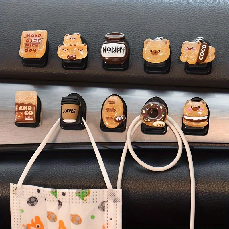 5pcs Cute teddy bear burger pattern car hook, creative multifunctional decoration, car hook, car seat backrest hook