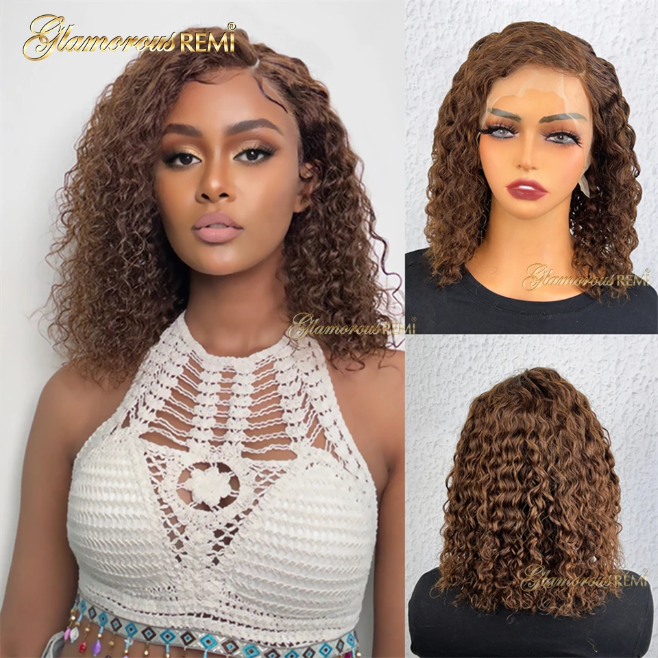 

Brown Curly Bob Wigs 8-18inch Preplucked #4 Colored Curly Human Hair Bob Wigs For Women Natural Hairline Density 180 Can Be Dyed