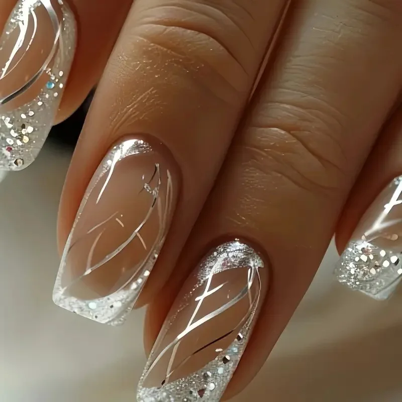 48 Pcs Square French Tip Geometric Press-On Nails, With Glitter Flakes, Reusable Easy Remove Fake Nails for Daily & Party Looks