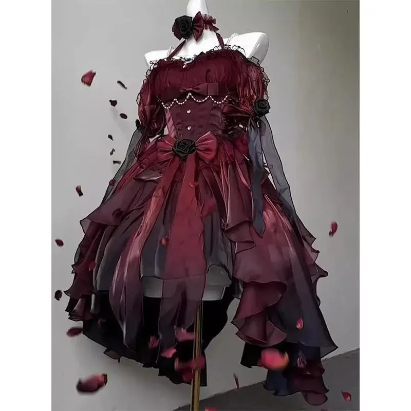 2025 كلمة واحدة طوق الرقبة القوس رقيق فساتين حفلات الأميرة الأسود والأحمر التغيير التدريجي الحلو عالية الخصر فستان الزفاف لوليتا