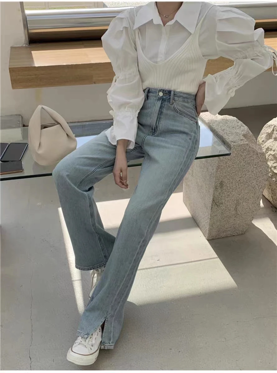 ZHISILAO New Blue Straight Jeans for Women Vintage High Waist Wide Leg Denim Pants Chic Streetwear 2023