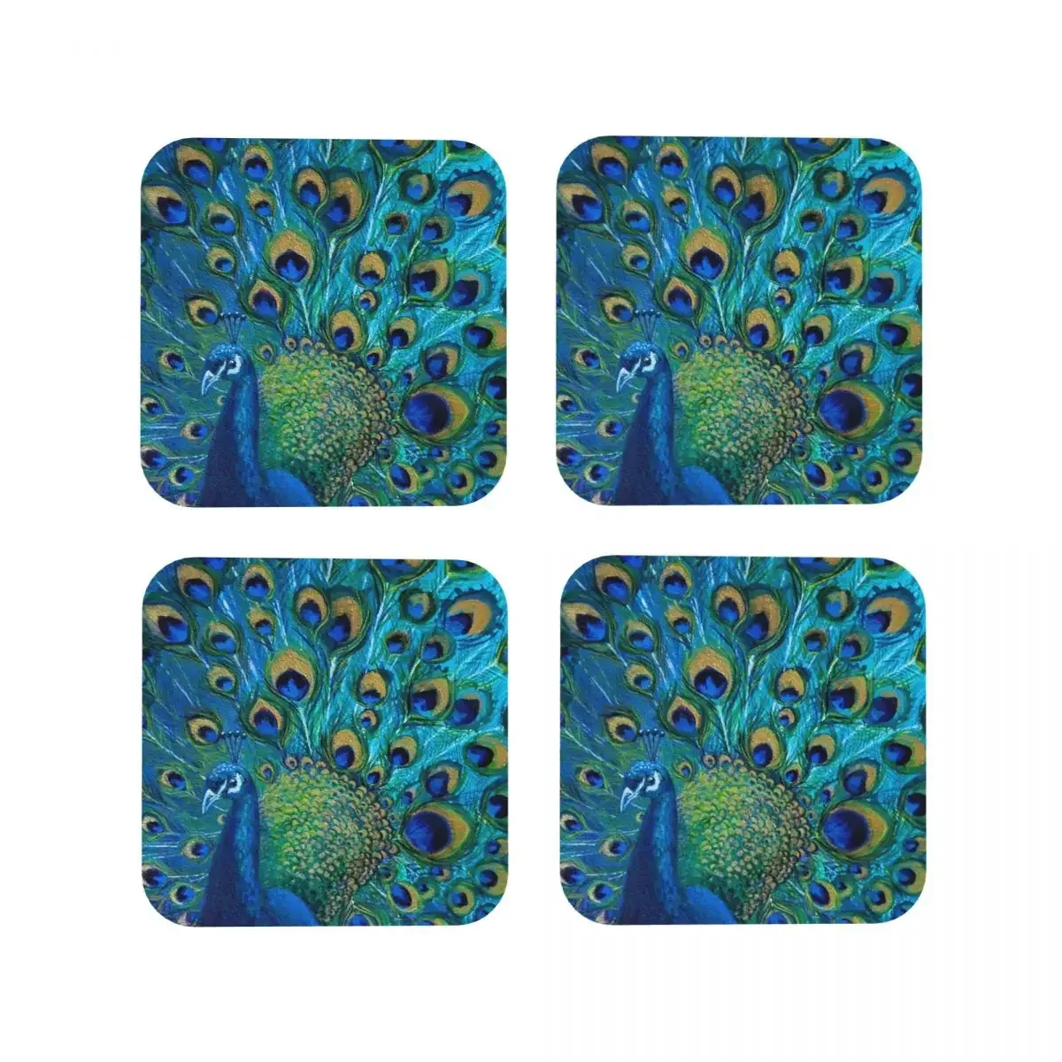 Peacock Full Glory Coaster Coffee Mat Set of 4 Placemats Cup Tableware Decoration & Accessories Pads for Home Kitchen Dining Bar