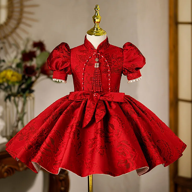 Girls Fashion Wine Red Princess Ball Gown Children Elegant Birthday Wedding Party Dress g171