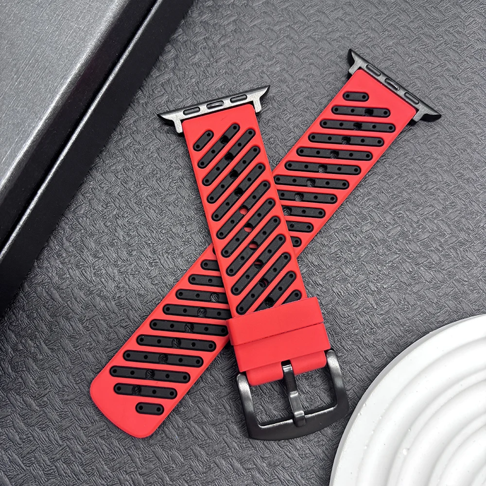 Ademende siliconen horlogeband voor Apple Watch Ultra 3/2/Ultra, Series 11 10 9 8 7 6 5 4 3 2 1, SE SE2/3, 38/40/41/42/44/45/46/49mm. Stijlvolle zachte vervangende polsband voor dagelijks gebruik,