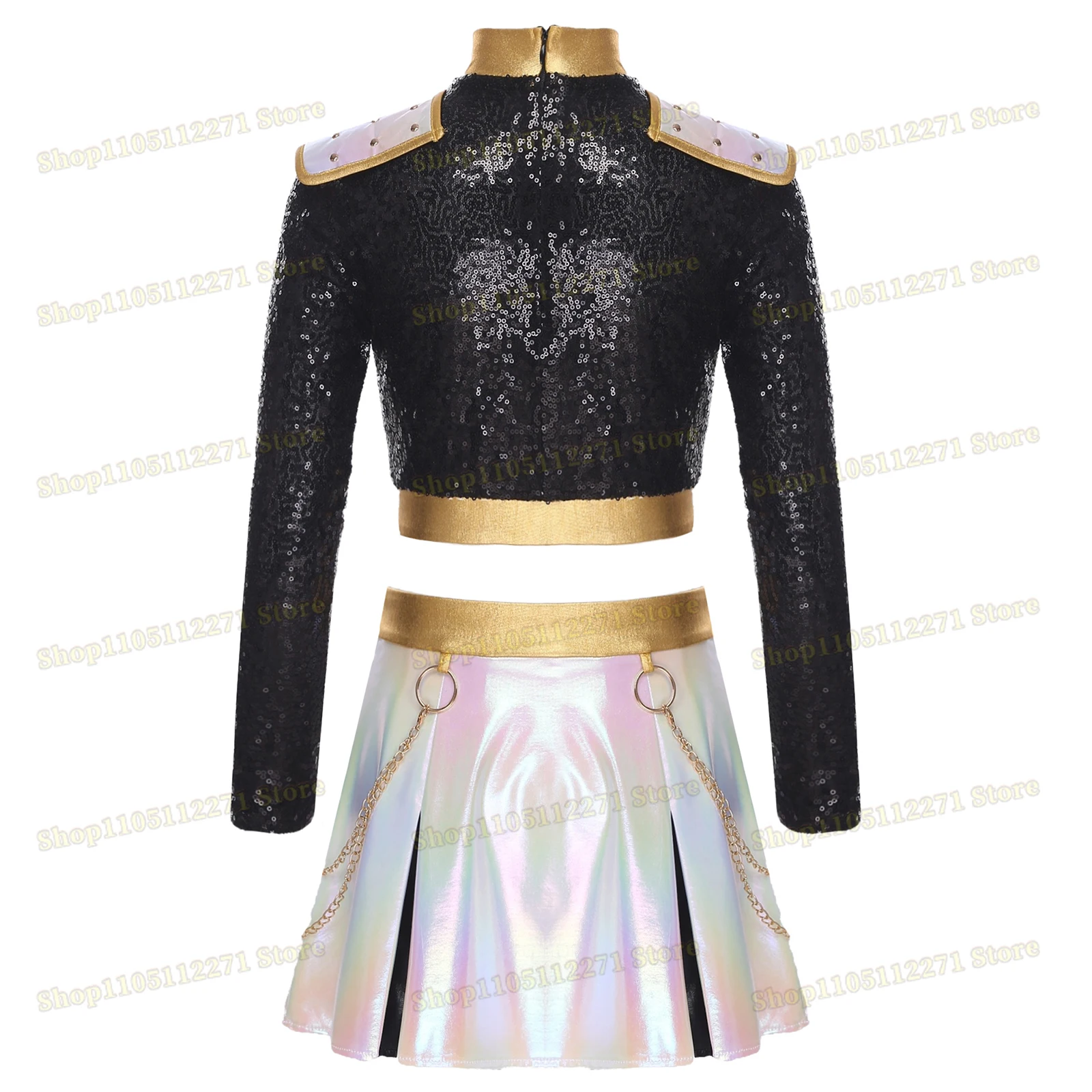 Decorazioni per ragazze per bambini Hunter Personaggio anime Demone Costume cosplay Costume Gloss Petto Nappa Crop Top e gonna con catene in vita