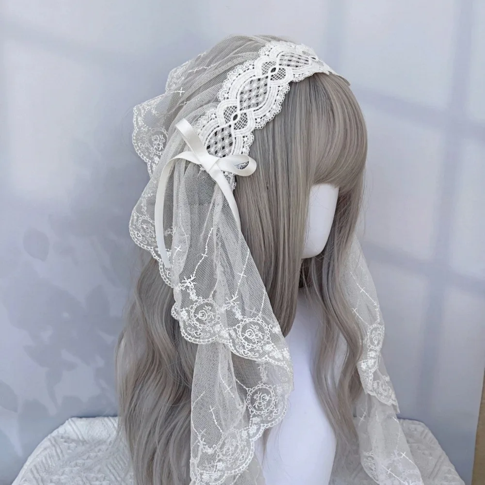 Punk Black and White Lolita Headband Ruffled Edge Floral Pattern Harajuku Headband Bow Lace Veil Headband Subculture