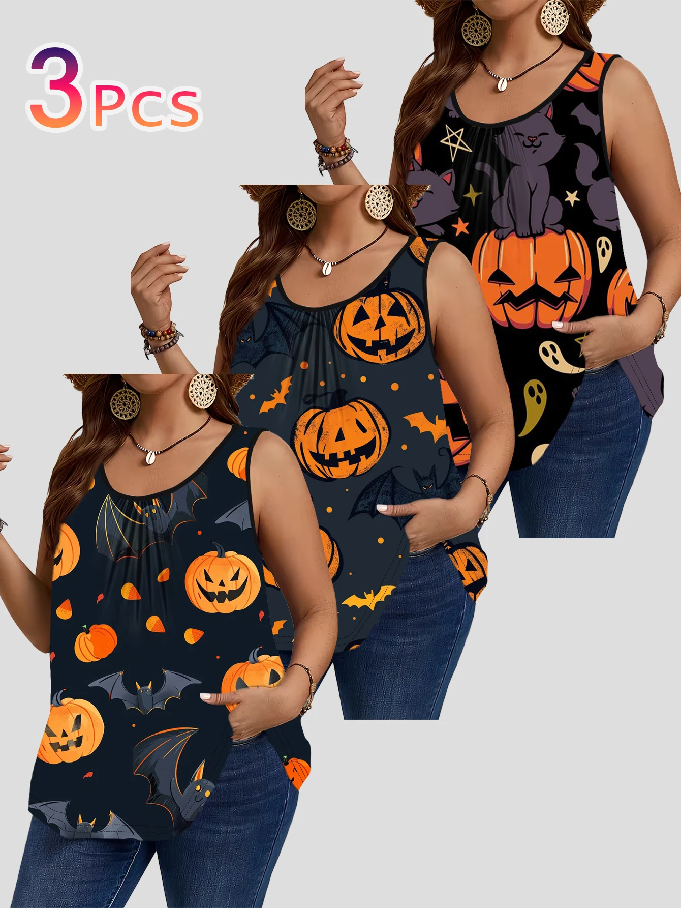 3-Piece Set of Plus-Size Women's Clothing: Halloween Pumpkin, Bat, and Black Cat Print Tank Top, Round Neck, Ruched, Loose Sleeveless Top