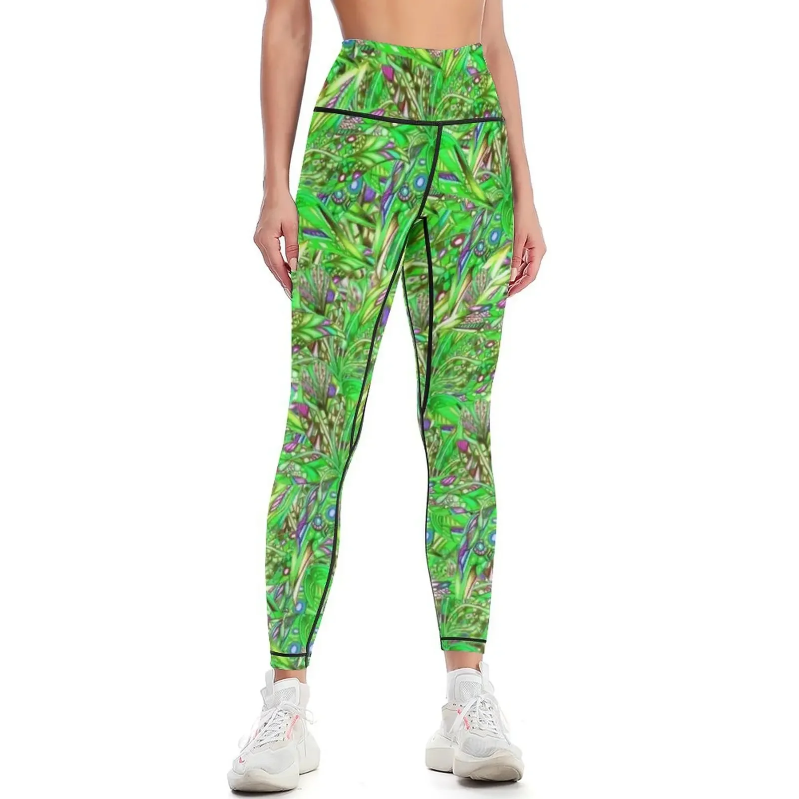 

Floral Pattern-Neon Green Leggings Legging sport Women sportwear push up tights for Golf wear Womens Leggings
