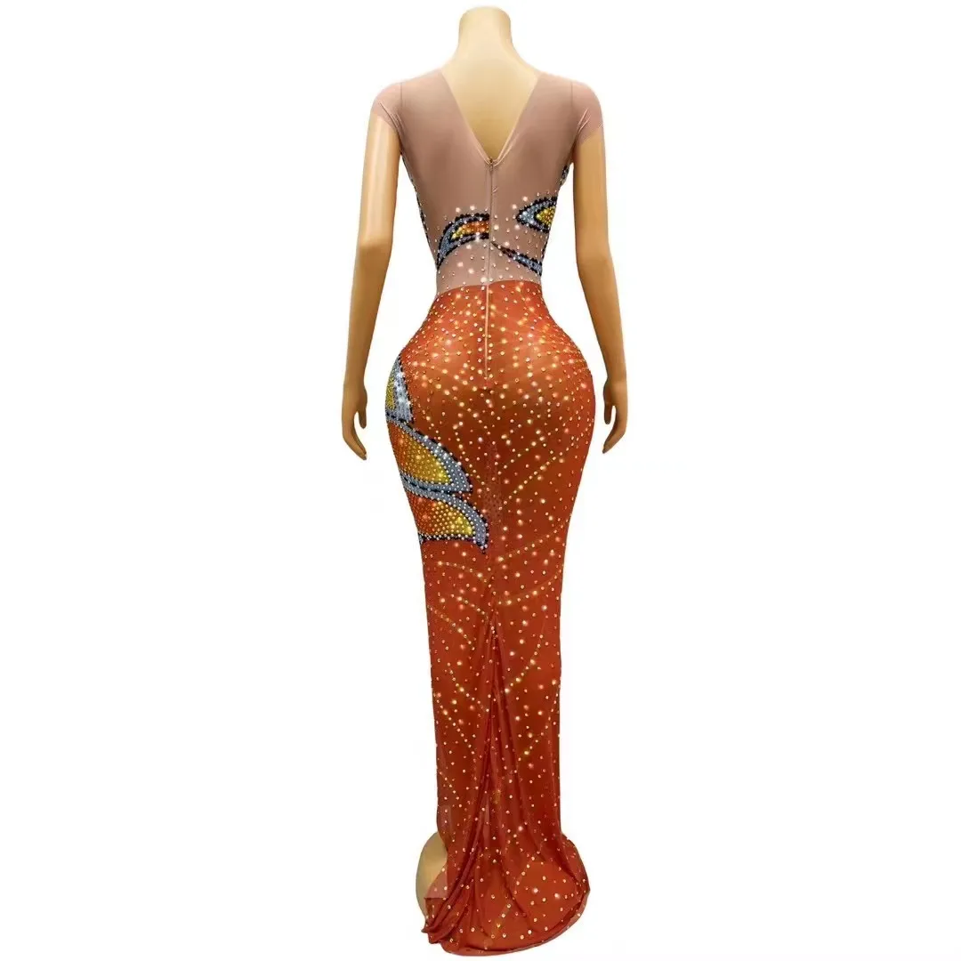 Sexy Stage Orange Colorful Rhinestones Sleeveless Dress Transparent Stretch Outfit Club Birthday Party Photoshoot Collections