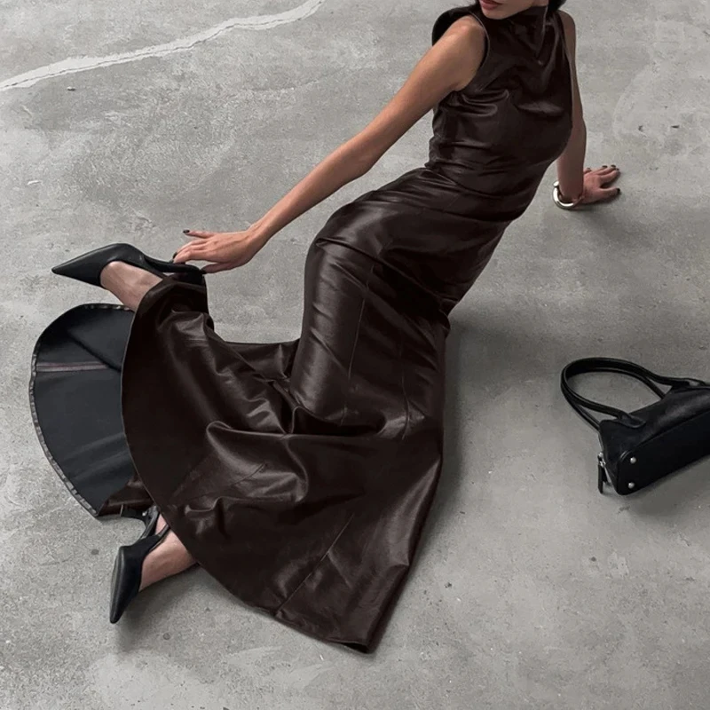 

High Street Women Wrap Commute Dress Fashion PU Leather Turtleneck Fishtail Dress Vintage Slim Sleeveless Hollow Party Dress