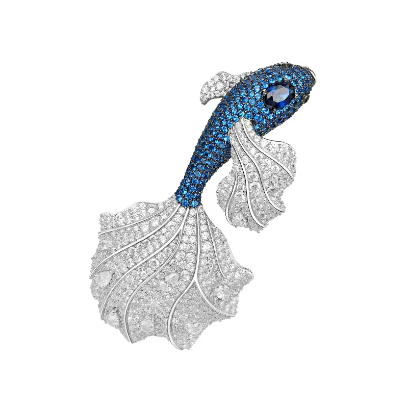 

New S925 Silver Brooch High Carbon Diamond Royal Blue New Chinese Goldfish Versatile Girl Brooch Wedding Jewelry