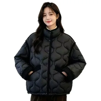 Autumn and winter short down cotton-padded jacket for women's round neck rhombus light cotton-padded jacket