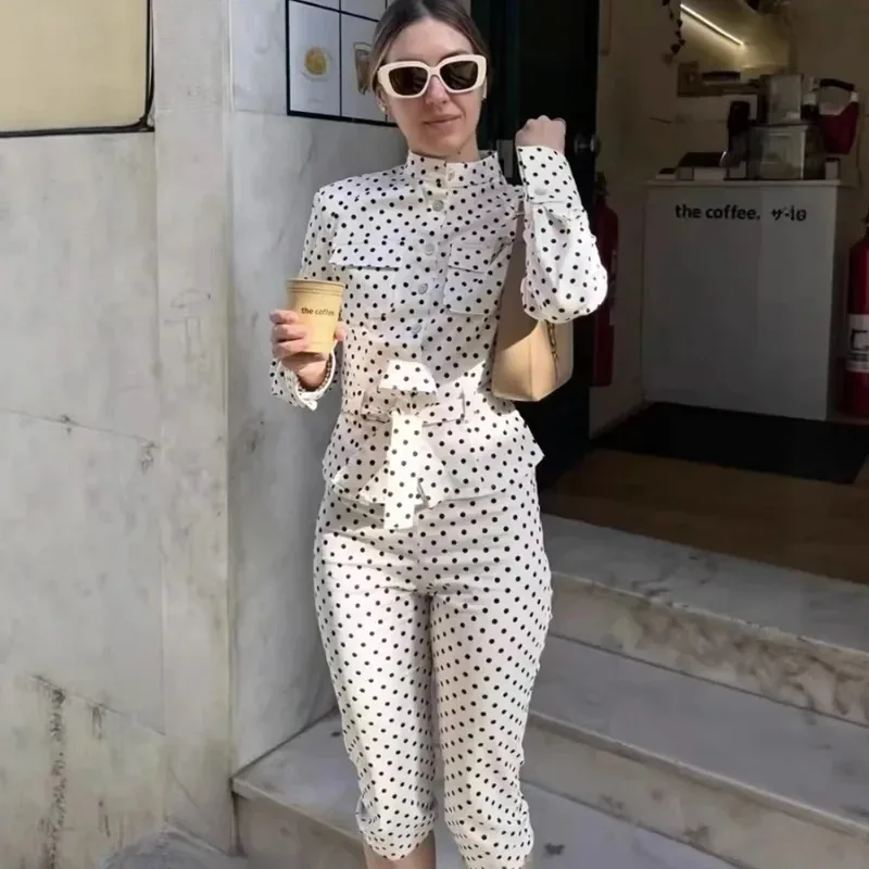 

Ticketsx Women's Polka Dot Pant Sets Elegant Lace Up Jacket Top Casual Slim Pants Suit Summer Vintage Street Commute Pant Sets