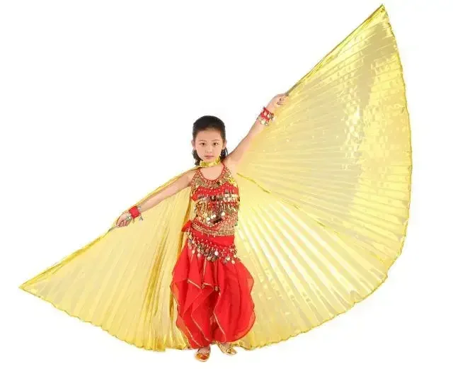 Traje de danza del vientre hecho a mano para niñas, alas de Ángel Isis para niños, dorado (sin palos)