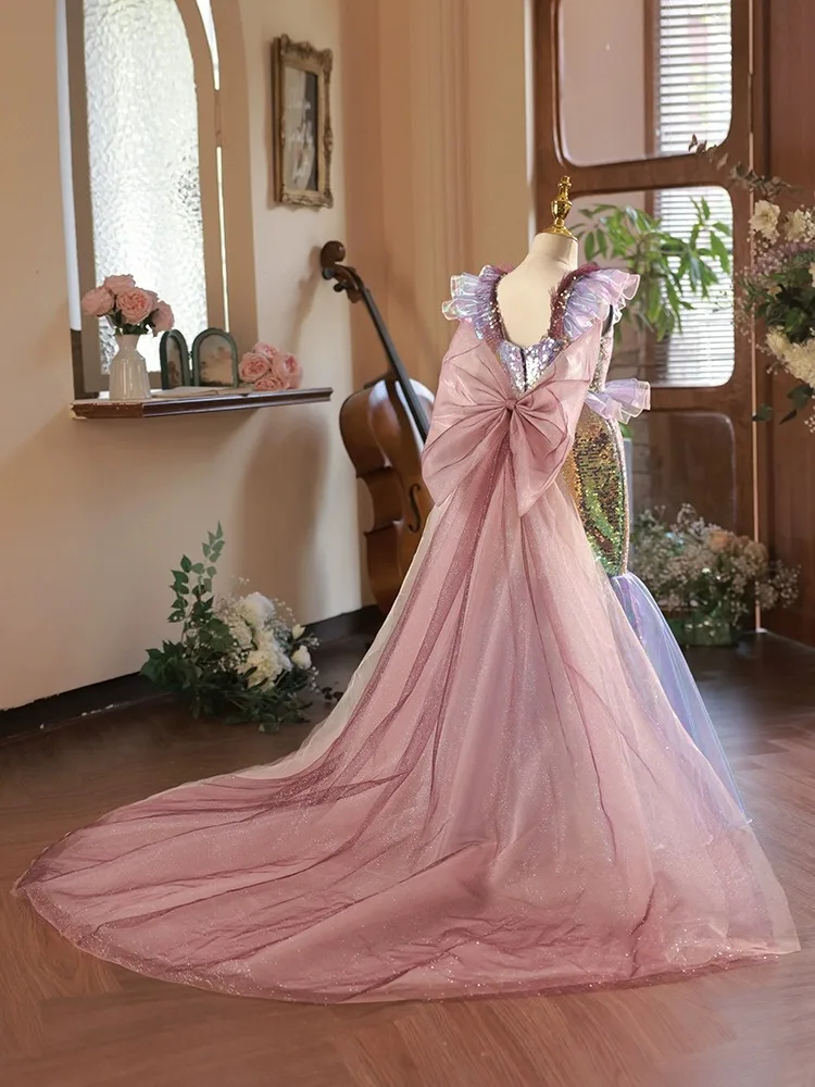 Kinder kleid Pailletten Fischschwanz Prinzessin Kleid kleines Mädchen Host Zug Modell Mädchen Laufsteg Kleid