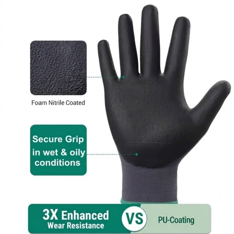 3/6/12Pairs MicroFoam Coated Safety & Work Gloves Durable Seamless Knit Nylon Work Gloves for Men Garden Lawn Yard Home Assembly