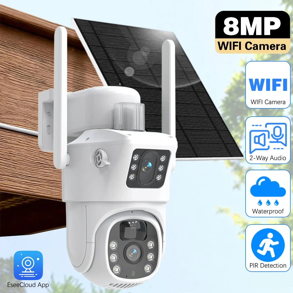 EseeCloud Solar Camera 4K 8MP Dual Lens Wireless WiFi Monitoring Camera PIR Mobile Detection Outdoor Safety Waterproof Camera