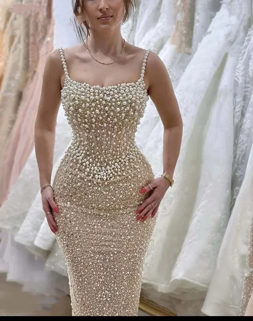 Vinca Sunny Customized Luxurious Pearls Prom Dress for Women Rhinestones Mermaid Spaghetti Straps Robes De Soiree Evening Dress image 4