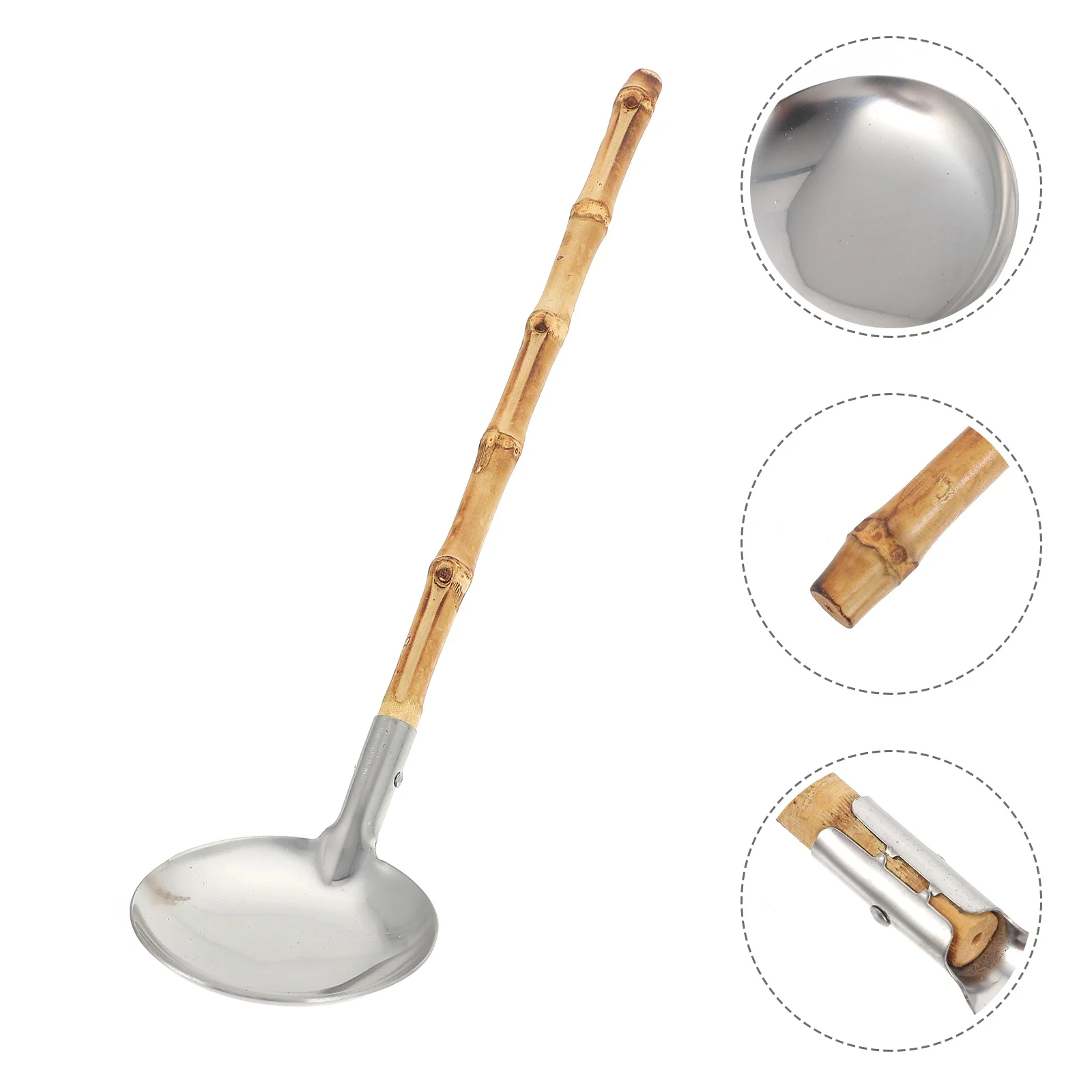 

1Pcs Bamboo Handle Stainless Steel Ladle Long Handle Soup Scoop Kitchen Spoon Rustproof Practical Kitchenware Soup Spoon