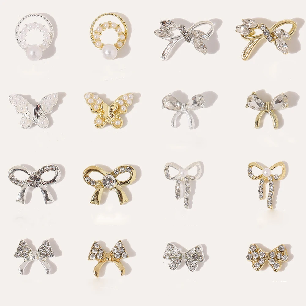 

5Pcs Diamond Pearl Butterfly Bow Nail Art Charm Luxurious Gold Silver Butterfly Bow Nail Ornament DIY Exquisite Nail Accessories