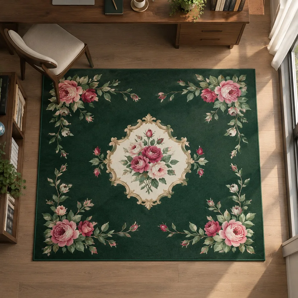 VIKAMA Carpet Rug Dark Green Hand Drawn Rose Branch Stain Resistant Window Seat Coffee Table Living Room Entryway Home Decor