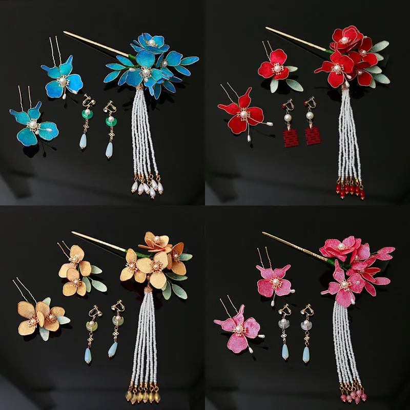 

Bridal Xiuhe Headdress Rose Red Blue Velvet Fringed Hairpin Wedding Dragon Phoenix Jacket Cheongsam New Chinese Hair Accessories