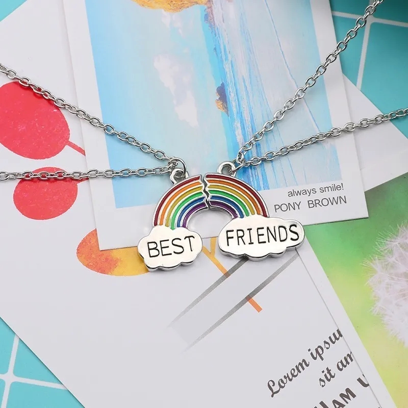 Best Friends Necklace 2 Piece Enamel Puzzle Rainbow Cloud Pendant Necklace BFF Friendship Jewelry Gift for Women Men Collares
