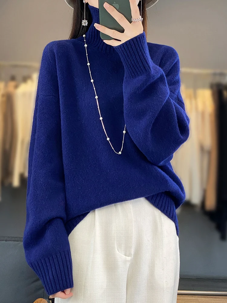 Autumn Winter Women Turtleneck Pullover 100% Merino Wool Sweater Long Sleeve Casual Loose Fashion Female Knitwear Clothing Tops