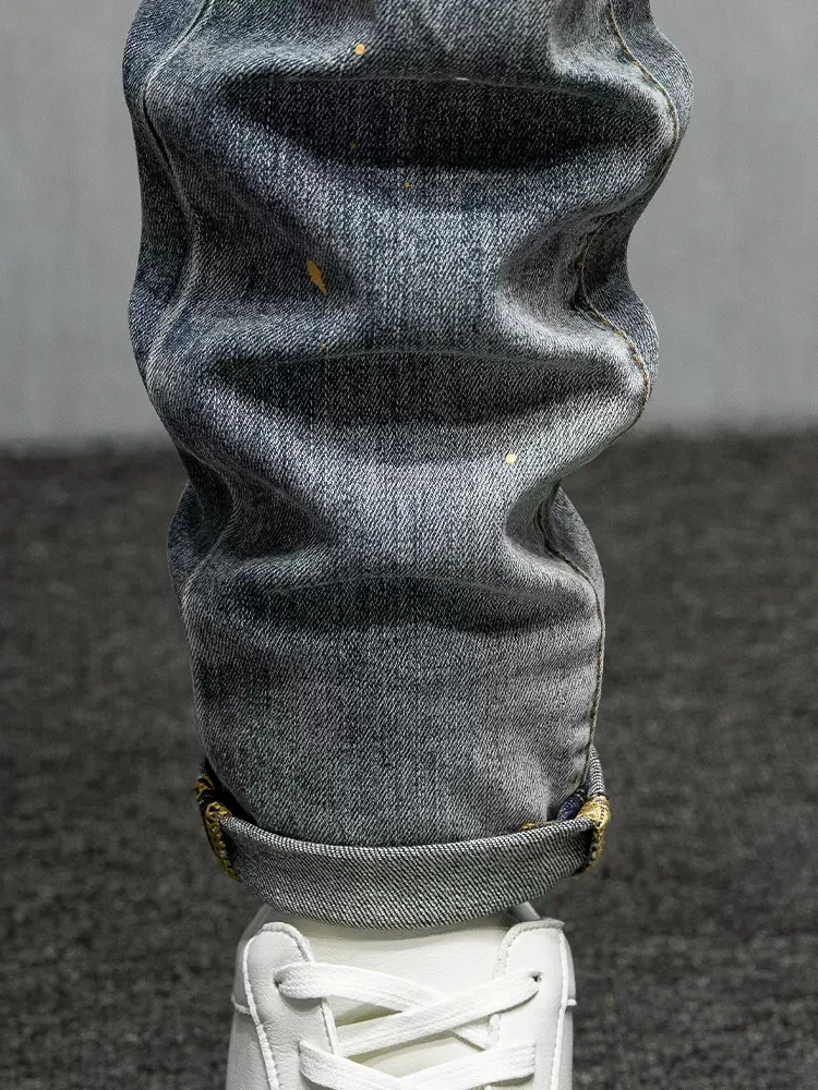 Street Fashion Men Jeans Retro Blue Washed Elastic Slim Fit Hole Ripped Jeans Men Painted Designer Hip Hop Denim Pants Hombre