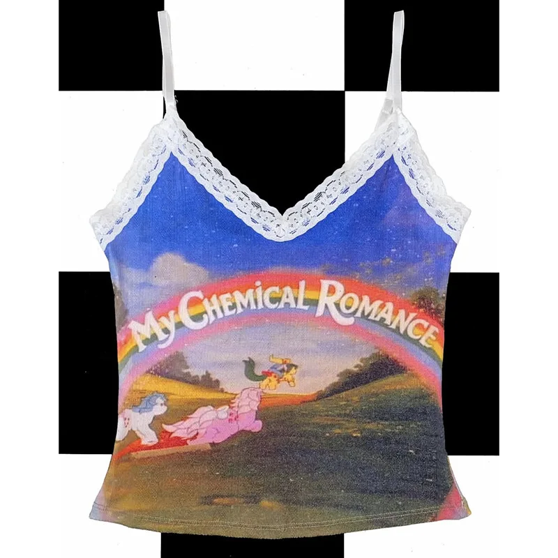 Y2K Regenbogen-Buchstaben-Print im europäisch-amerikanischen Stil, sexy High-Street-Top mit Spitzenriemen für Damen