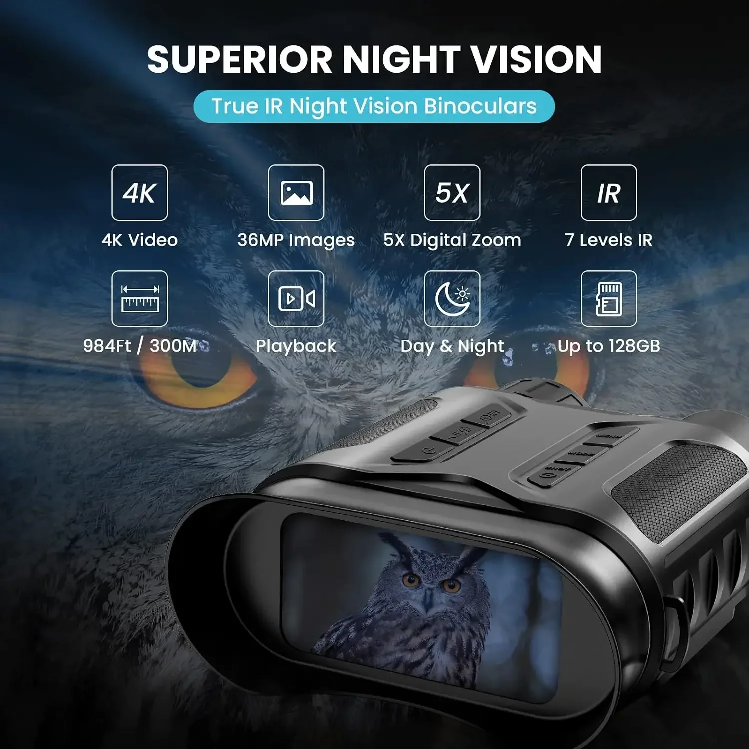 4K Digital Night Vision Goggles Binoculars for Total Darkness, Infrared Digital Night Vision, 32GB Memory Card for Photo and Video Storage, 3'' Large Screen Perfect for Hunting and Farm Monitoring