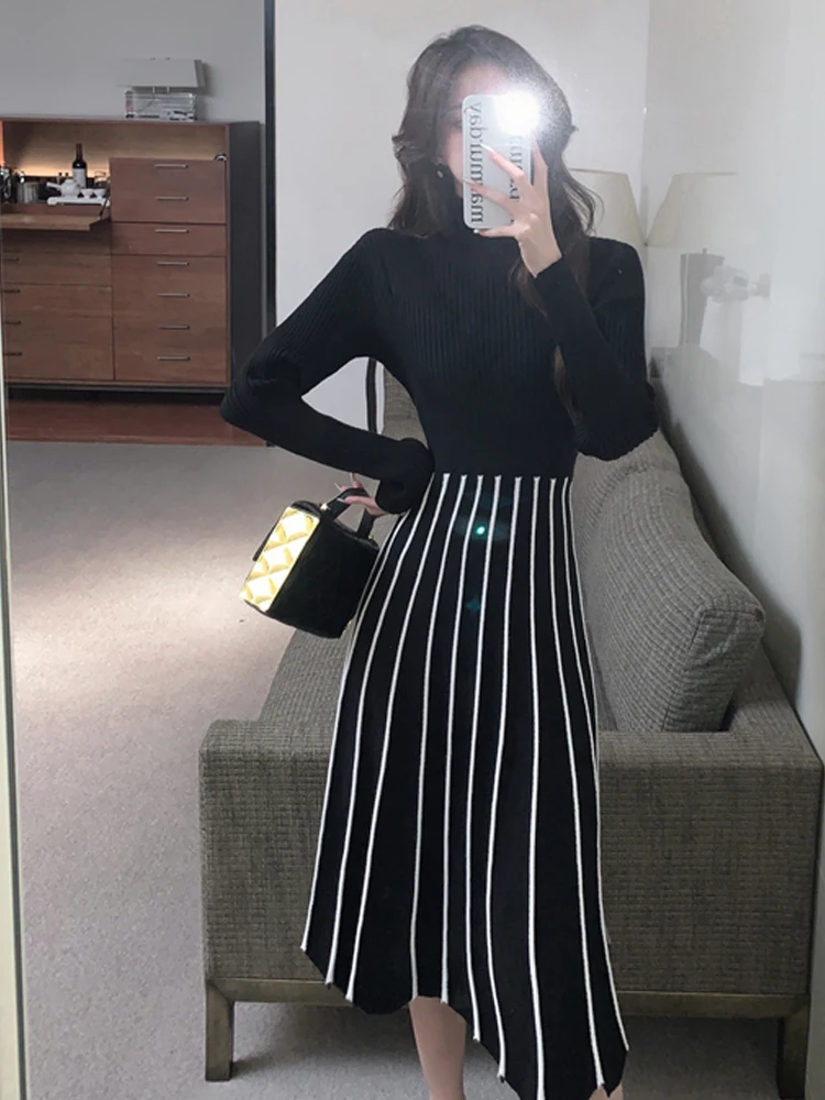 2022 New Autumn Winter High Collar Thickening Women Long Dress Bottoming Sweater Skirt Fashion Striped Pleated Knitted Dresses