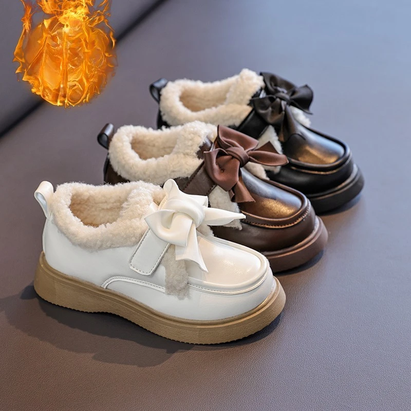 

Girls Flat Shoes Round Toes Versatile Kids Leather Shoes with Big Bows 2025 Winter New Children Princess Shoes Suede Warm Soft