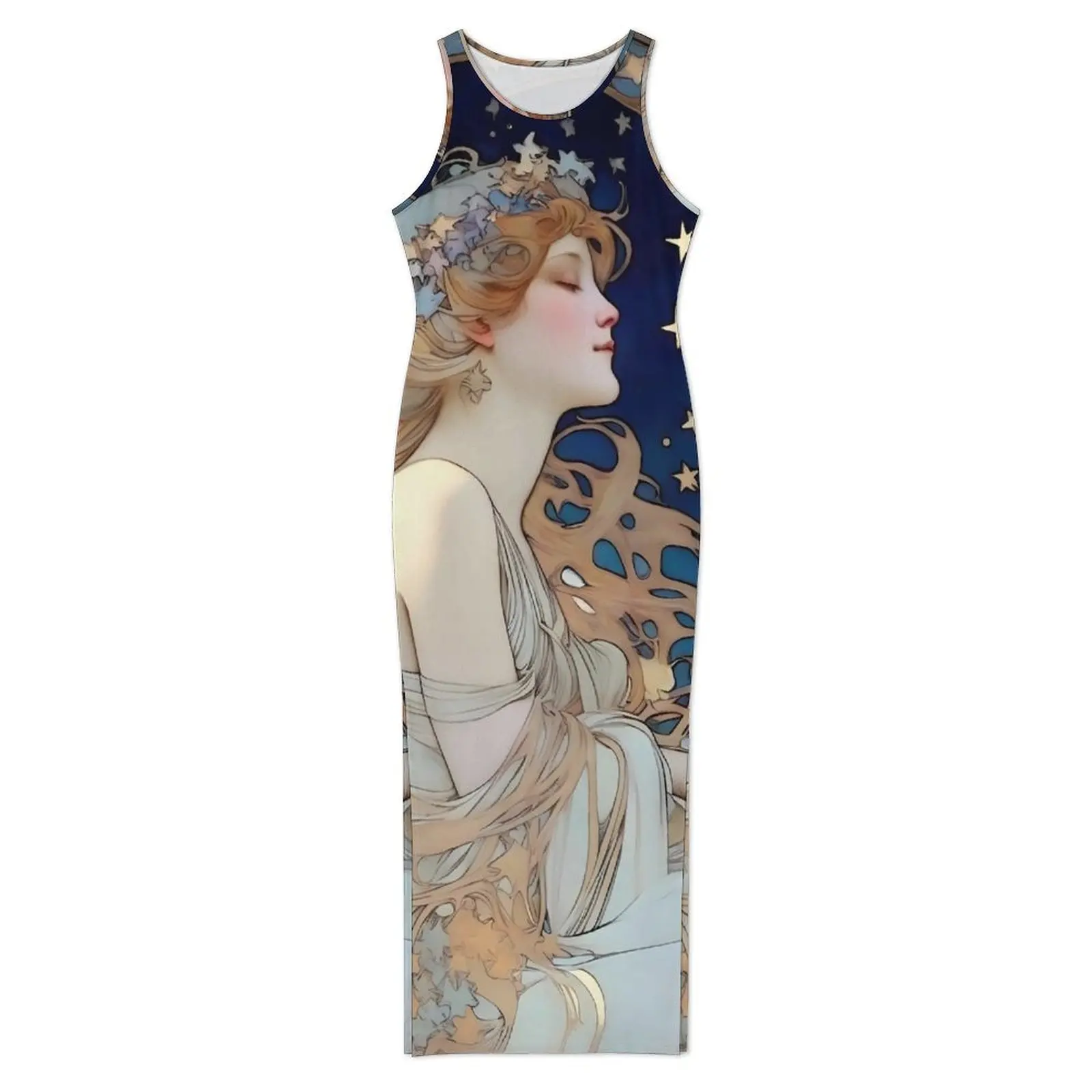 Robe moulante pour femme élégante Art Nouveau Maxi robes vacances Alphonse Mucha inspirée de la lune et des étoiles Y2K robe graphique de mode