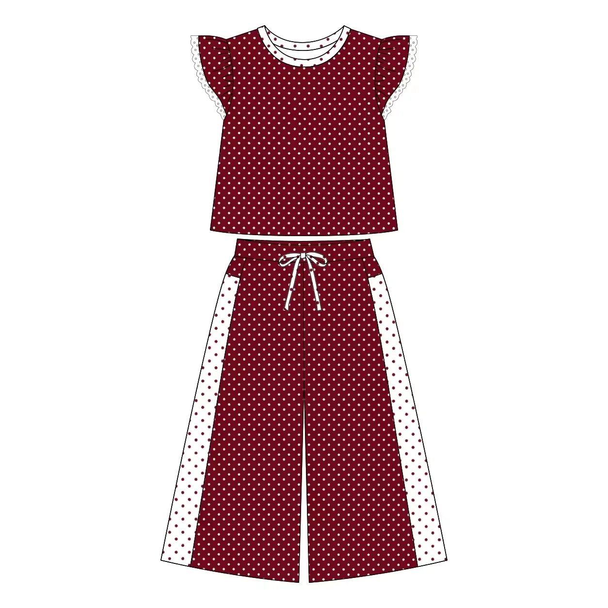 Custom Kids Clothing Toddler Girls Clothes Burgundy Polk Dots Pants Set Girl Boutiques School Emblem Design Outfits Milk Silk