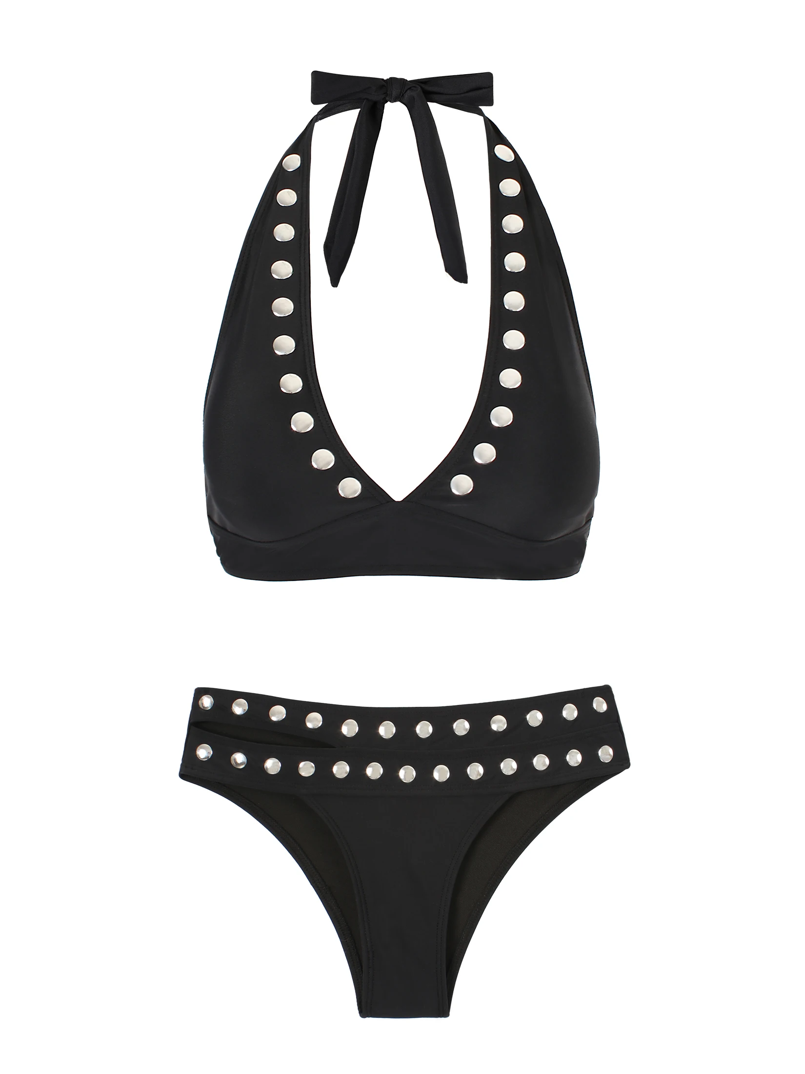 Chic Black Bikini Studded Swimwear Halter V Neck Two Piece Swimsuit Punk Low Waist Bathing Suit Beach Outfits 2026 Summer K354 - view 5