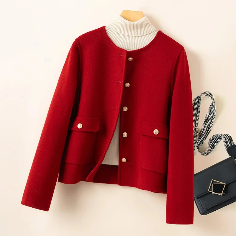 Double-sided Coat Women's 100% Wool 2026 New Autumn And Winter Round Neck Single-breasted Short Woolen Overcoat