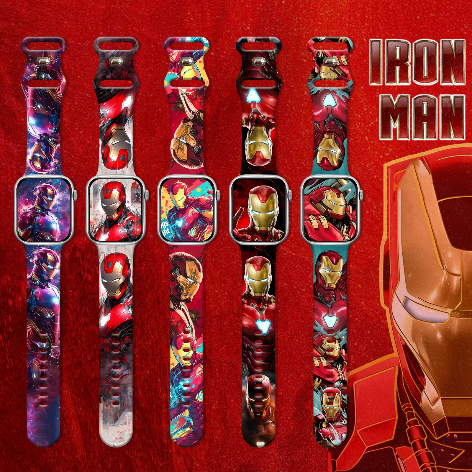 

Ремешок Lron Man Series 1 с принтом для iWatch11 10 9 8, сменный силиконовый ремешок для Apple Watch 46 мм, 42 мм, 41 мм, 38 мм, ремешок для часов