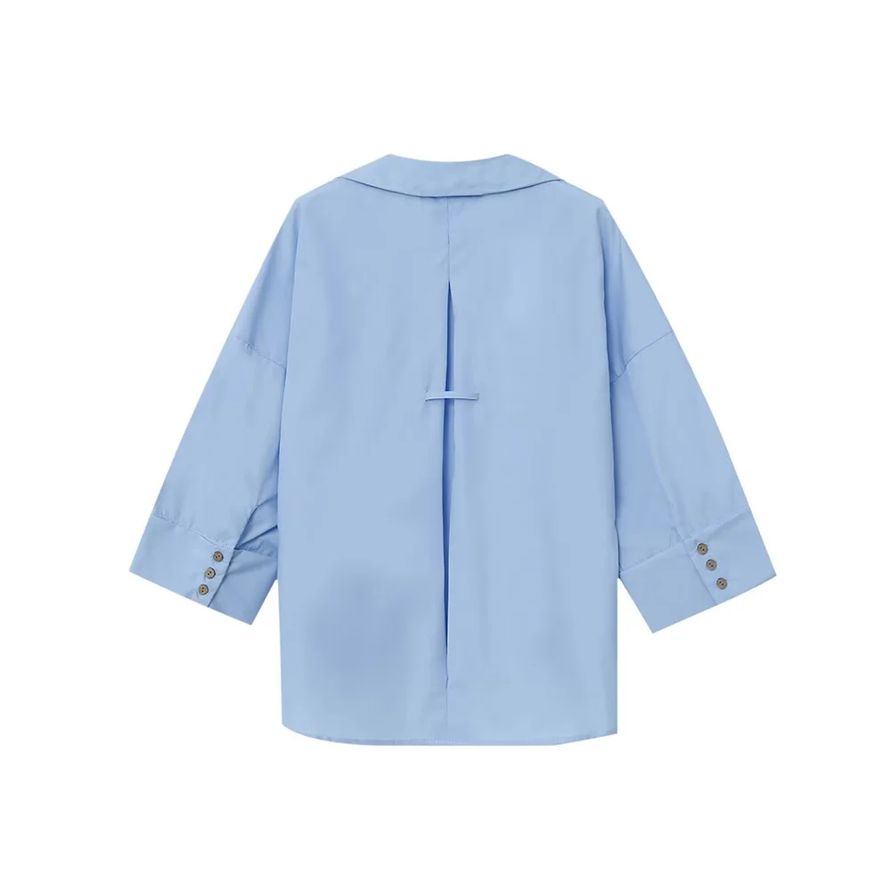 قميص نسائي ذو طية صدر السترة بأكمام خمسة أرباع مزين بصدر واحد للصيف، قميص كاجوال بأكمام واسعة