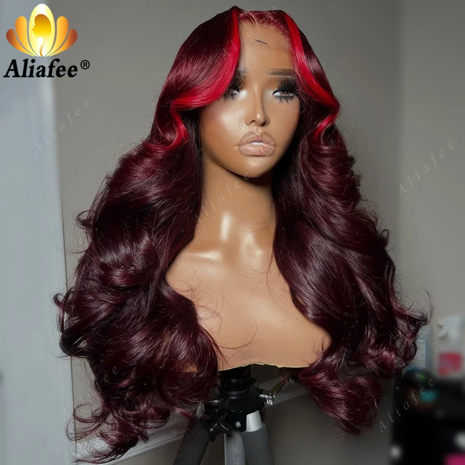 

99J Red Highlight Dark Burgundy 13x6 Transparent Lace Frontal Real Human Hair Wigs Natural Hairline Wine Red 99J Big Wavy Wigs