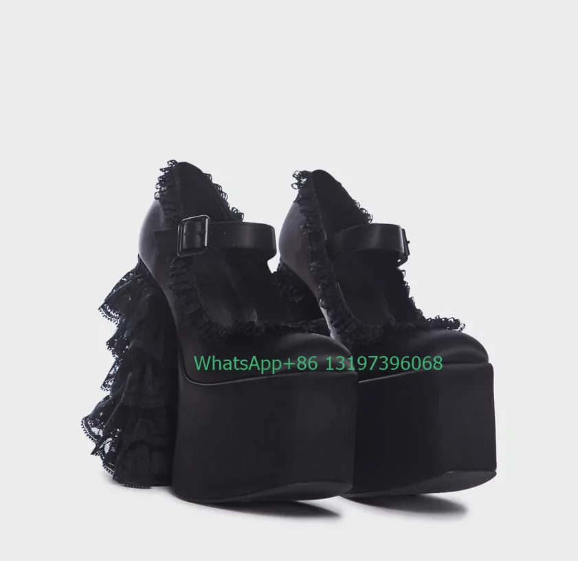 Lady ruffled lace trim design Mary Janes buckled straps platform design shoes sexy lace chunky heel pumps satin high heels  size