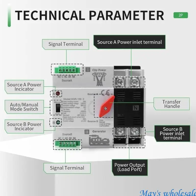 

100A 2P Автоматические резервные переключатели Контроллер на DIN-рейке Двойные переключатели мощности Электрический тип Быстрая
