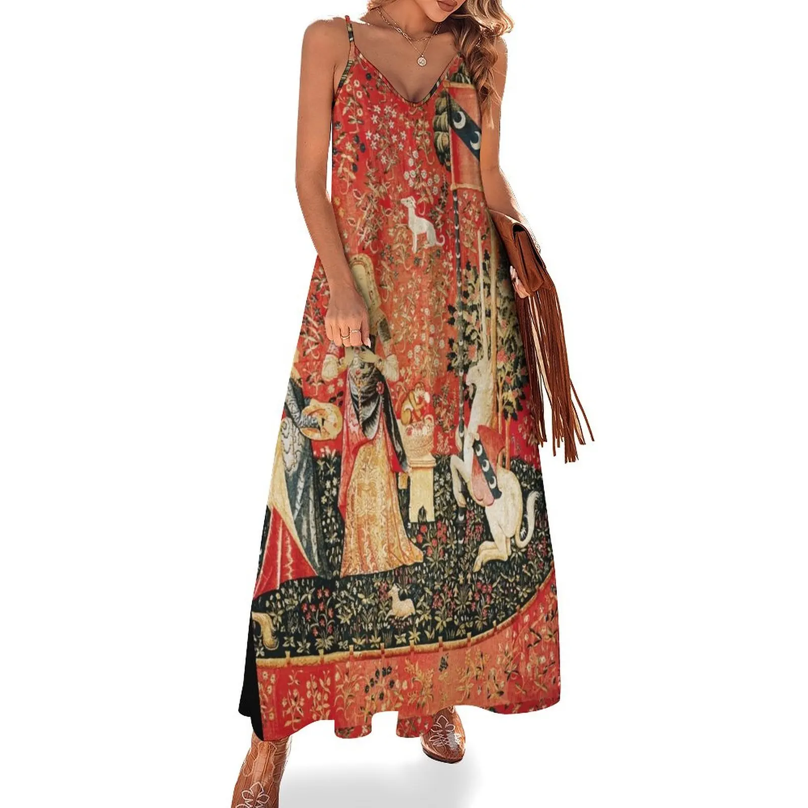 

LADY AND UNICORN,SMELL,Lion,Fantasy Flowers,Animals Red Green Floral Tapestry Sleeveless Long Dress evening dress Dress