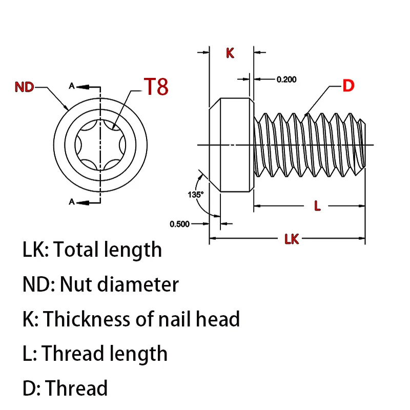 4pcs Titanium Alloy T8 Torx Flat Head Screw for Knife Handle Mounting M3 Thread Screw DIY Spindle Titanium Alloy Screw