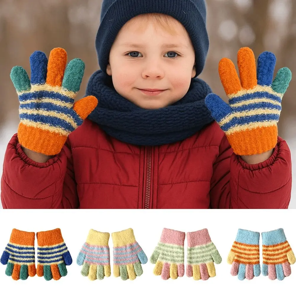 

Cute Stripe Knitted Gloves Thickened Children Full Fingers Gloves Windproof Gloves Outdoor Sports