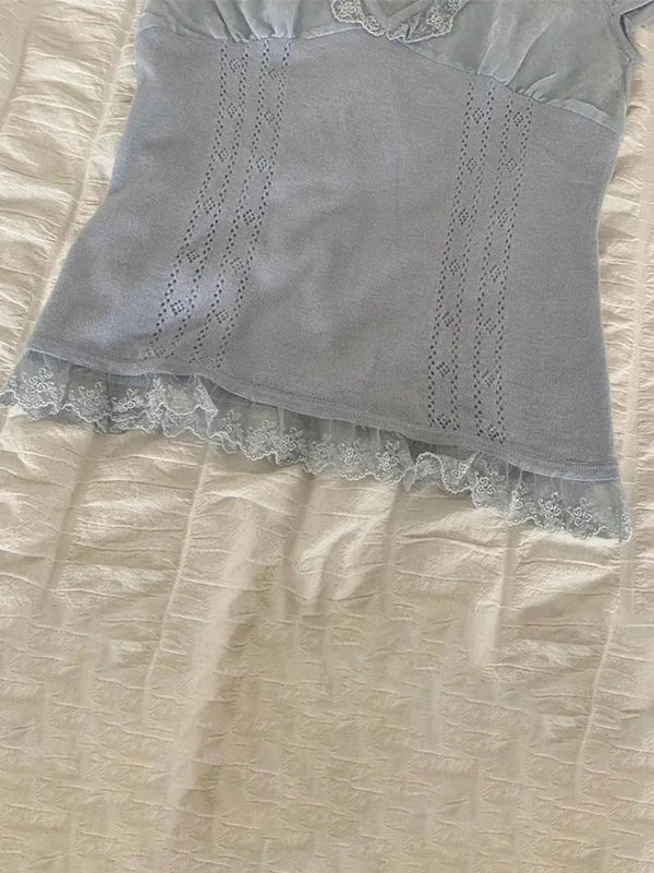 T-shirt V-ne con giunture in pizzo blu T-shirt estiva da donna vintage retrò o spalla lunghezza misto cotone vestibilità regolare ort Sve Tee