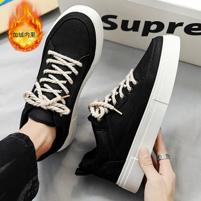 

2023 Winter Men's Canvas Shoes Fur Warm High Top Vulcanized Shoes Men Flat Design Casual Sneakers Man Board Shoes