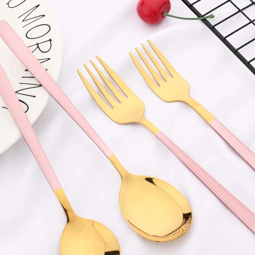 Pink Gold Cutlery Set 304 Stainless Steel Dinnerware Set 5Pcs Knife Dessert Fork Spoon Flatware Set Kitchen Dinner Tableware Set