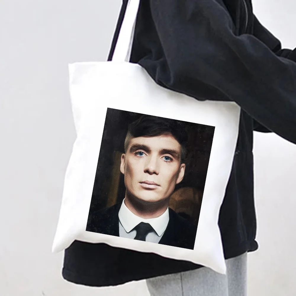 Thomas Shelby Portrait Peaky Blinders Women Canvas Shoulder Bags Harajuku Handbag Totes Eco Shopper Reusable Cotton Shopping Bag