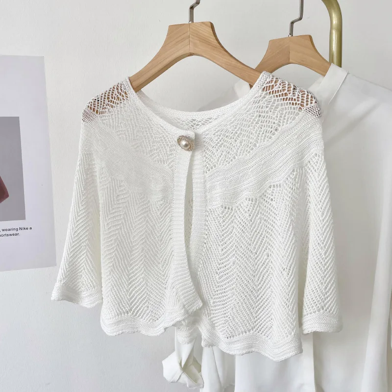 Women Summer Elegant Crochet Knit Cape Lace Short Shawls Shrug Poncho Sun-Proof Lace Hollow Out Thin Outwear Cape Cardigan view 4